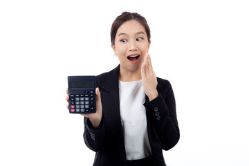Portrait young asian businesswoman using calculator for calculate expense and budget for saving...