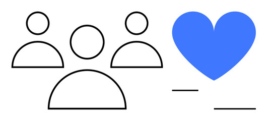 Outline of three people connected to a large blue heart emphasizing teamwork, connection, care, support, and community. Ideal for teamwork, support, social bonding, human relations charity care