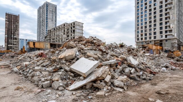 Construction site with debris and unfinished buildings under cloudy sky in urban area