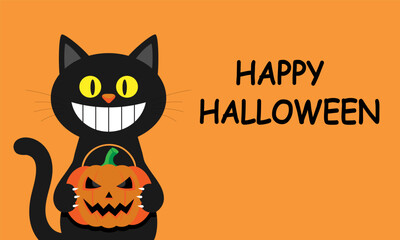 Cute black cat with big yellow eyes and sharp smile holding a carved pumpkin basket, with Happy Halloween text on orange background