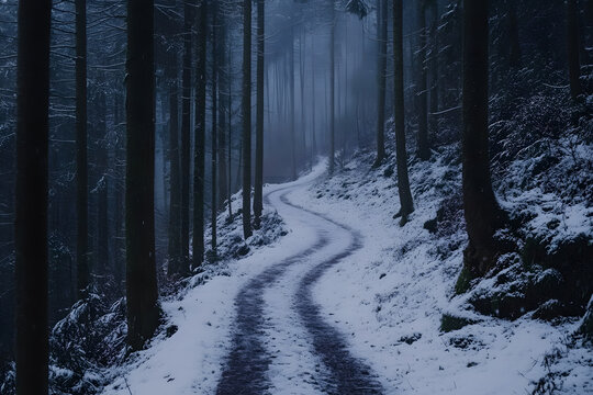 a snowy path in a forest with a dark sky