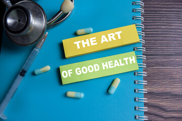 Concept of the art of good health write on sticky notes isolated on Wooden Table. healthcare and...