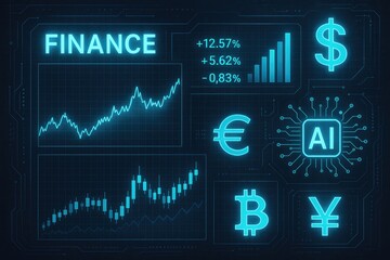 Futuristic finance data graphs currency symbols and ai chip image