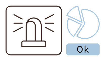 Alarm light with electronic rays, segmented pie chart, and approval indicator saying Ok. Ideal for data analysis, security alerts, success validation, emergency communication, project status updates