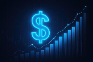 Glowing blue dollar sign with upward trending bar graph currency finance