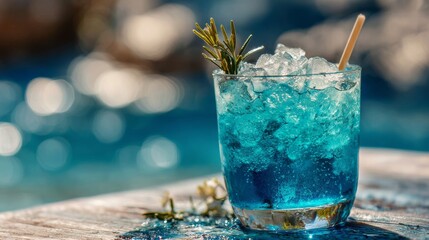 Refreshing blue cocktail served in a glass with ice and garnished by rosemary on a sunny day by the poolside
