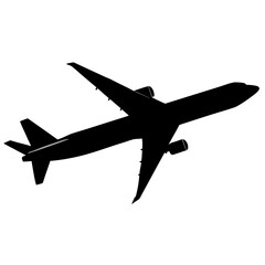 Black silhouette jet airplane ascending powerful flight travel concept