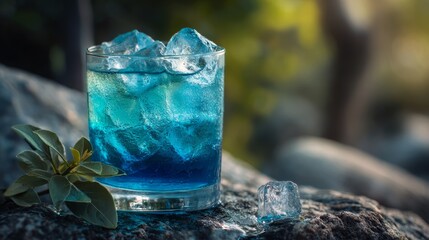 Refreshing blue drink served over ice on a sunny afternoon in a natural outdoor setting among rocks and greenery