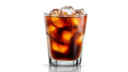 Refreshing beverage served in a glass filled with ice cubes against a simple background