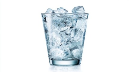 Clear glass filled with ice cubes sits on a surface reflecting light in a bright setting