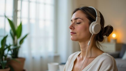 Naklejka premium Meditation for new mothers concept. Woman enjoying music with headphones in a cozy, well-lit room surrounded by plants.
