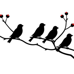 Elegant Black Bird Silhouettes on Winter Branch with Red Berries Minimalist Nature Design