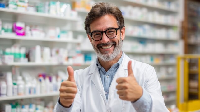Pharmacist smiling and giving thumbs up in a well-stocked pharmacy during daylight hours