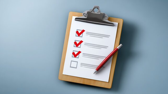 Supply chain and import tariff, Clipboard with a checklist showing three completed tasks marked with red checkmarks and one task remaining, accompanied by a red pen on a blue surface.