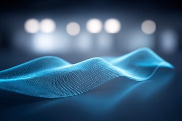 Abstract glowing blue wireframe waveform on dark background with bokeh lights