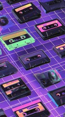 1990s retro polaroid photo of cassette tapes, neon grid background, vintage film grain