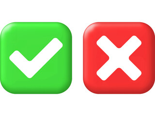 Yes, no, tick, and cross icons and buttons with checkmarks, symbols, and vector illustrations for web and 3D positive or negative signs