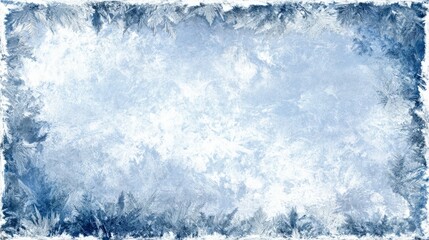 Winter landscape artwork featuring frost patterns and cool blue hues on a textured surface