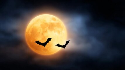 Halloween Night Bats and Full Moon: Two bats silhouette gracefully dance against the backdrop of a large, luminous full moon on a night sky evoking eerie atmosphere. - Powered by Adobe