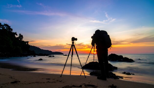 Silhouette photographer at sunset beach - Powered by Adobe