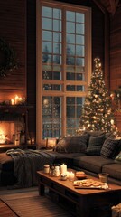 Cozy Christmas living room, decorated tree with twinkling lights, family baking cookies, fireplace glow, 8K realistic detail, warm tones