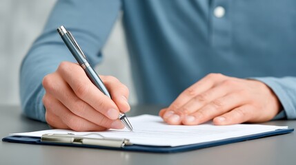 Supply chain and import tariff, A person in a blue shirt is writing on a document clipped to a clipboard with a silver pen.