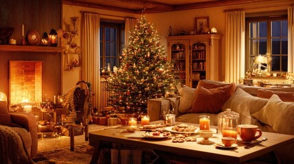 Cozy Christmas living room, decorated tree with twinkling lights, family baking cookies, fireplace glow, 8K realistic detail, warm tones