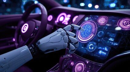 Futuristic AI robot hand touching holographic dashboard, glowing neural network connections, cyberpunk blue and purple lighting 