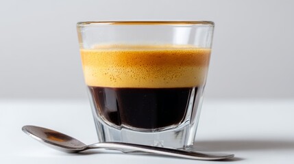 Rich espresso layered with crema served in a clear glass at a modern cafe in the afternoon