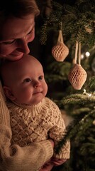Sustainable Christmas: Eco-friendly decorated tree with recycled paper ornaments, solar-powered lights, family wearing organic cotton sweaters 