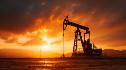 Oil pump jack operates at sunset against a dramatic sky in a rural landscape