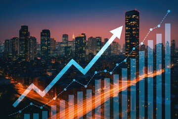 Illuminated city skyline with upward trending financial graph cityscape night