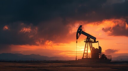 Oil pumpjack silhouetted against a vibrant sunset sky in an oil field with dramatic clouds