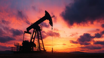 Sunset silhouette of an oil pump jack against a vibrant sky in a rural landscape