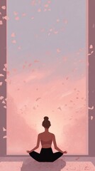 Woman meditating in sunrise-lit room, floating abstract energy particles, soft pastel tones, minimalist composition