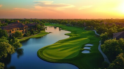 Golden hour golf course, luxury homes, tranquil water