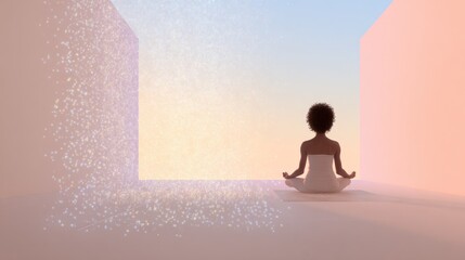 Woman meditating in sunrise-lit room, floating abstract energy particles, soft pastel tones, minimalist composition