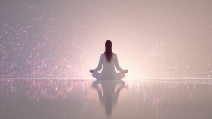 Woman meditating in sunrise-lit room, floating abstract energy particles, soft pastel tones, minimalist composition
