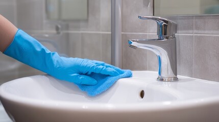 Cleaning the bathroom sink with a blue cloth while wearing protective gloves during the morning hours