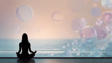 Woman meditating in sunrise-lit room, floating abstract energy particles, soft pastel tones, minimalist composition