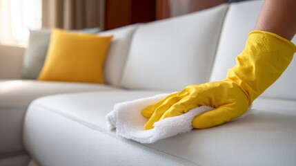 Person cleaning a white sofa with a towel in a bright living room during the daytime