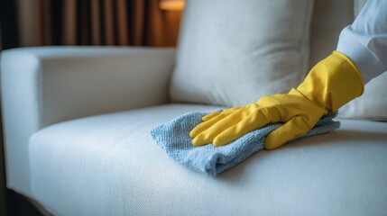 Maintaining cleanliness in a cozy living room with a focus on upholstery care and attention to detail during daytime