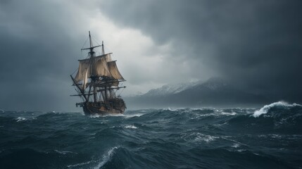 Historic sailing ship battles stormy seas under dark clouds near distant mountains