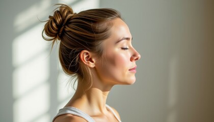Meditation for new mothers concept. A serene profile of a woman with a relaxed expression, bathed in soft natural light.