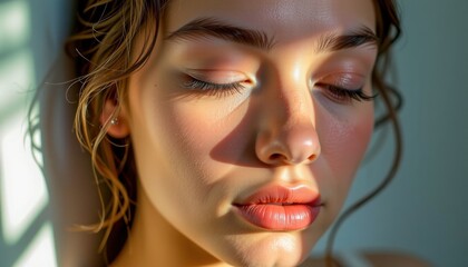 Meditation for new mothers concept. A close-up portrait of a woman with soft lighting and natural shadows highlighting her features.