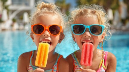 Two joyful children enjoying colorful popsicles by a sparkling poolside on a sunny day in summer