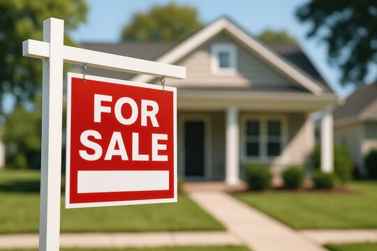 Red for sale sign in front of suburban house real estate home