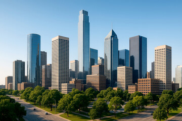 Fototapeta premium Tall glass skyscrapers and brown brick buildings under a clear blue sky with green trees and a road