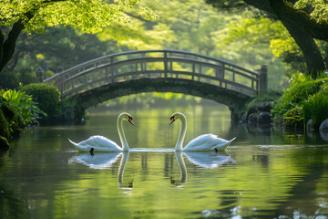 two swans are swimming in a pond under a bridge
