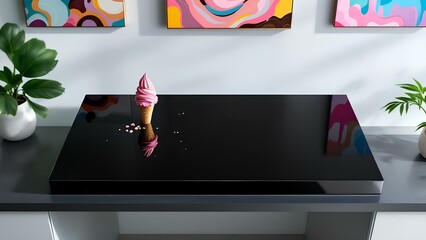 Pink Soft Serve Ice Cream Cone on a Reflective Black Table in a Modern Room